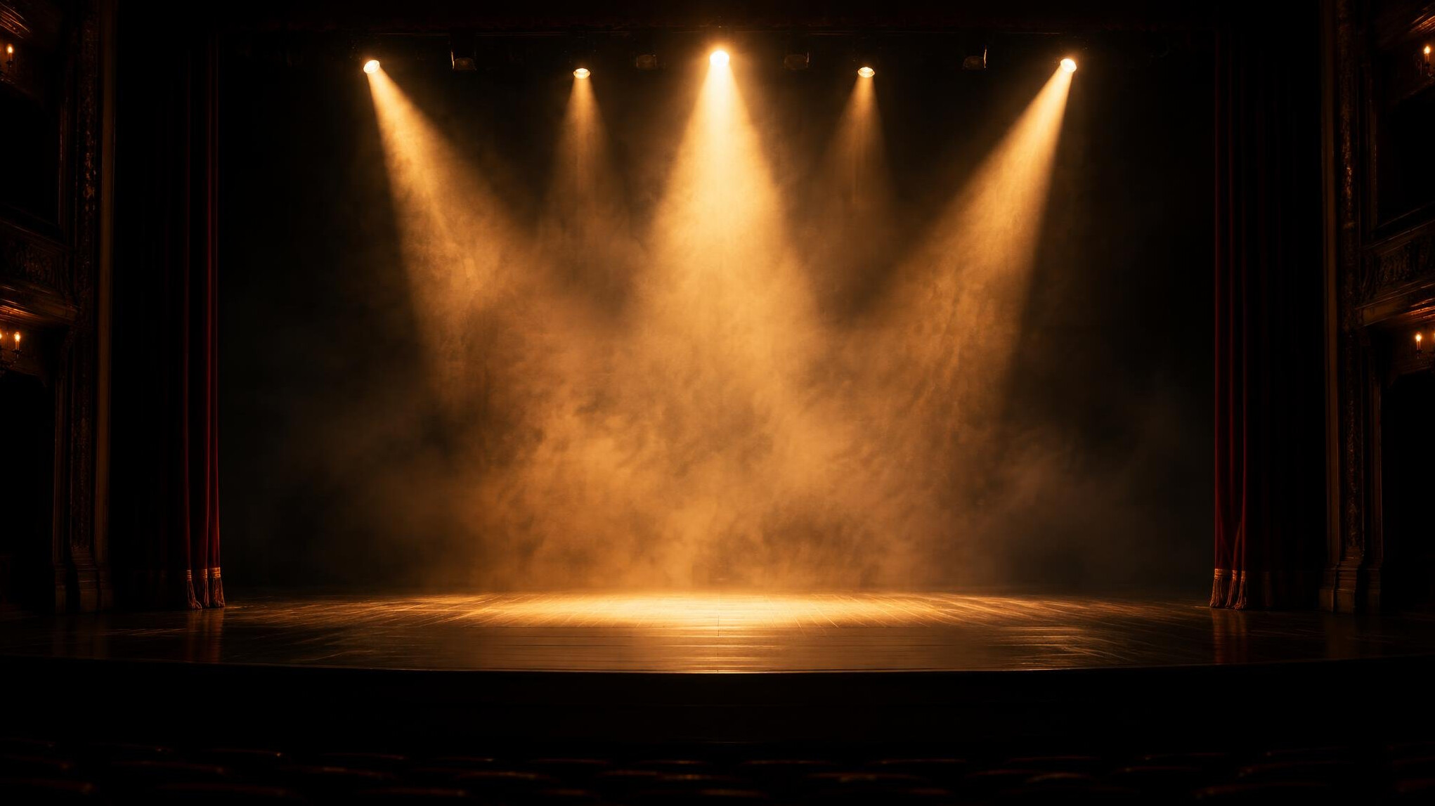 Empty theatre stage lit with dramatic spotlight beams