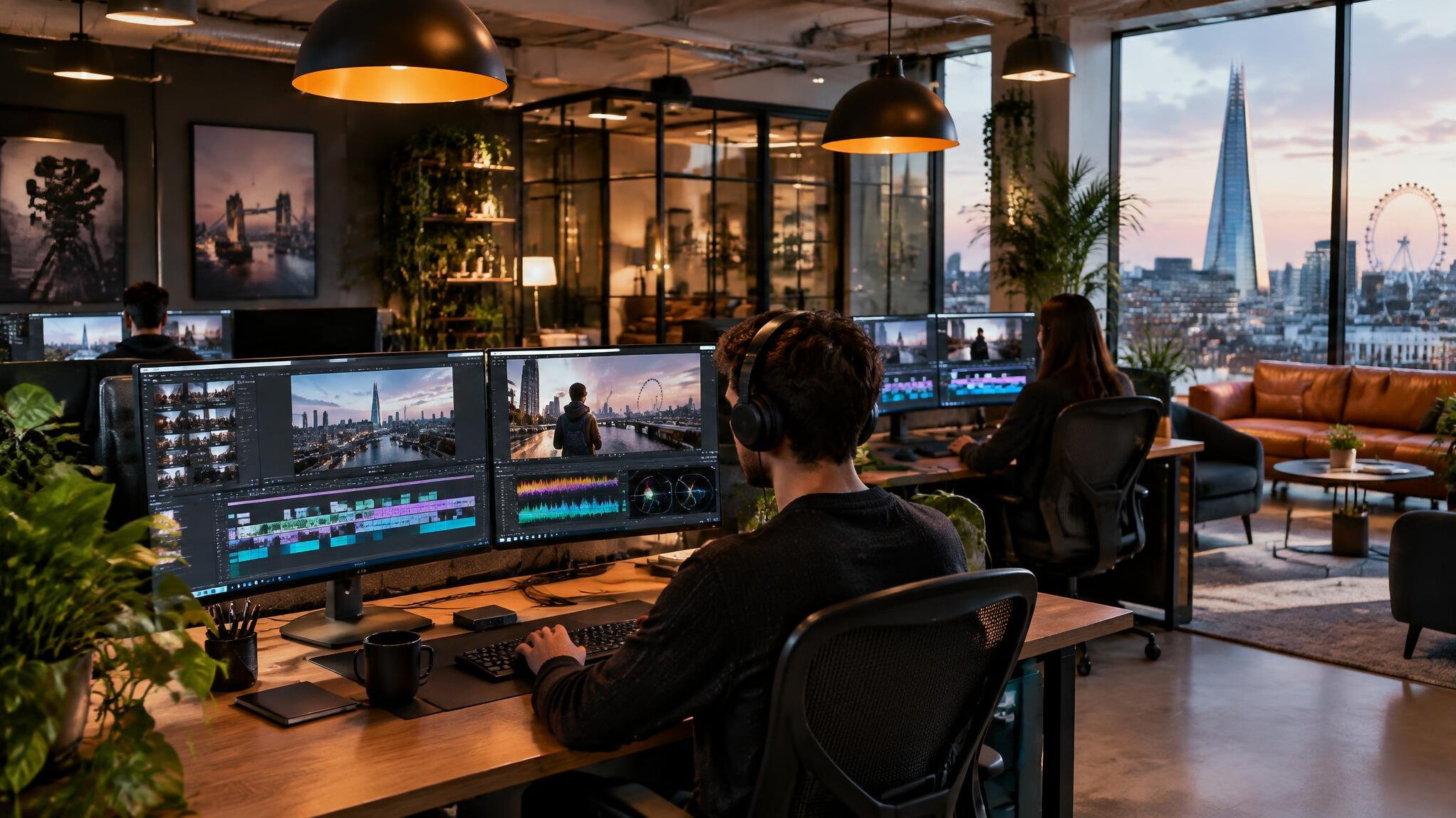Modern media studio office with desks and monitors
