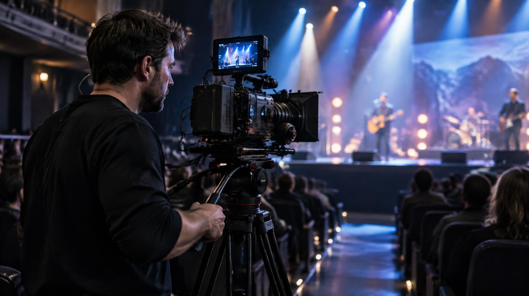 Camera operator filming a live stage performance