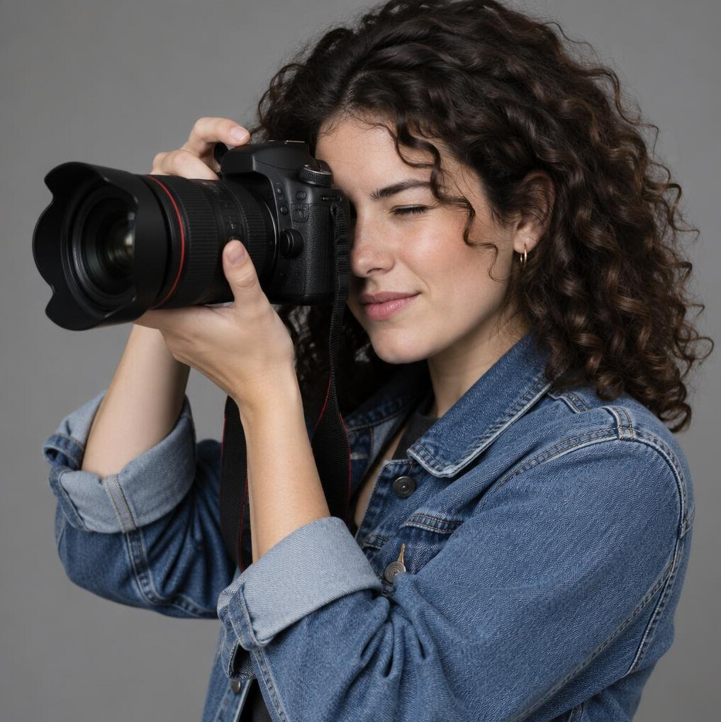 Photographer holding a professional camera up to their eye
